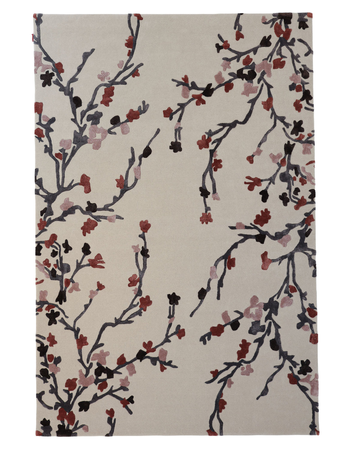 Introducing the Multi Color Handmade Area Rug HTWV-119 by RAMSHA HOME, a beige decorative area rug adorned with an elegant pattern of black, red, and pink cherry blossom branches scattered across its surface.