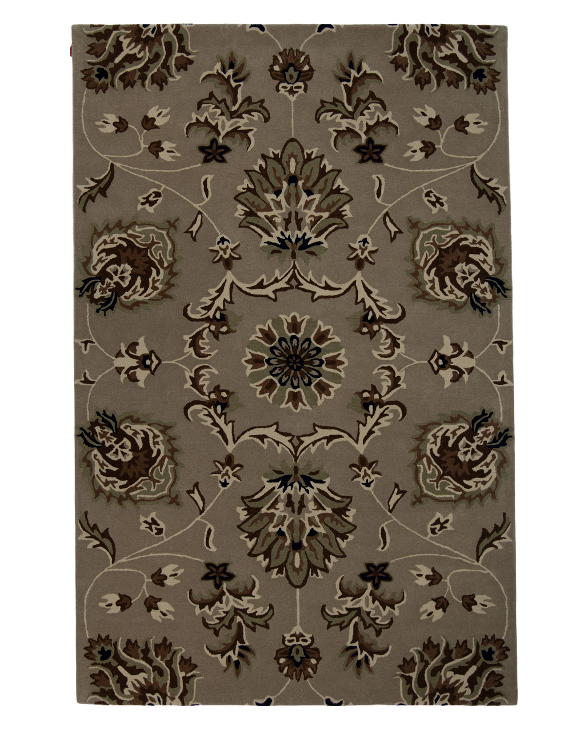 The Exquisite Multi Color Handmade Rug - HTW 09 (200x300 cm) by RAMSHA HOME is a rectangular, hand-tufted wool rug showcasing an ornate, symmetrical floral and leaf design in brown, beige, and dark green hues set against a taupe background. This traditional area rug features central and corner motifs intricately connected by flowing vines.