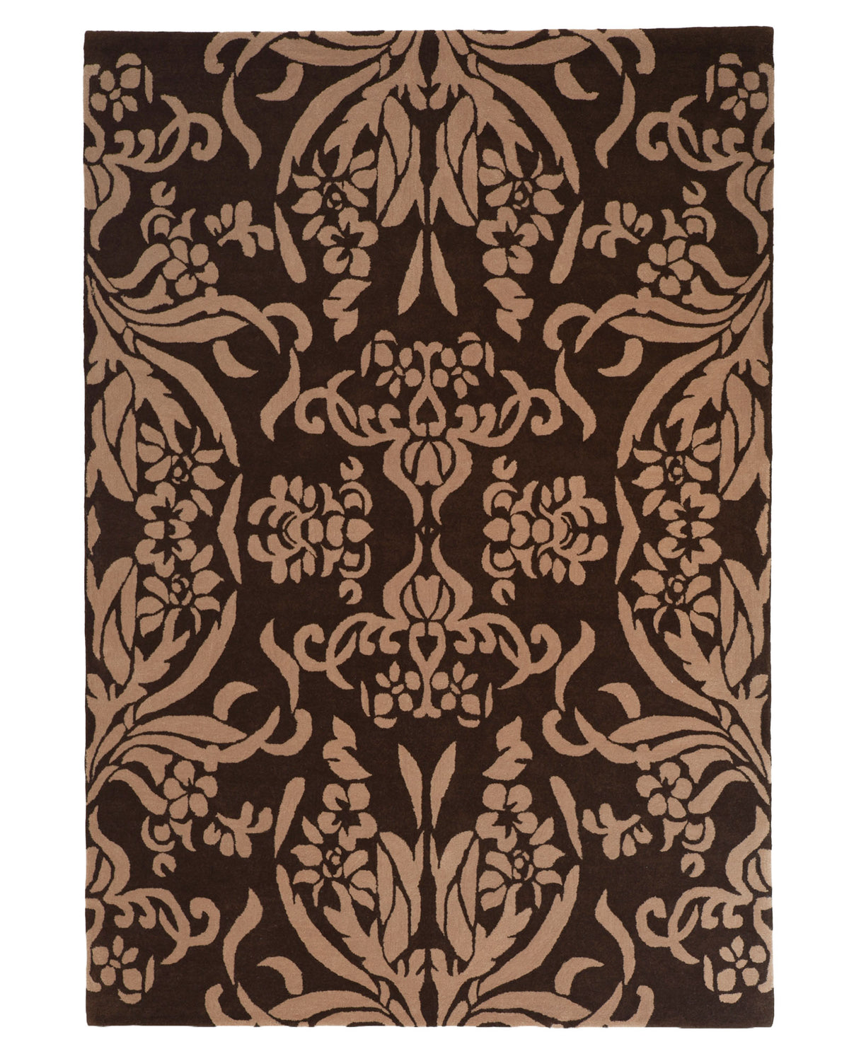 The RAMSHA HOME Home Decor Dark Shade Handmade Carpet – HTW-31 features a rectangular wool construction with a dark brown background, showcasing an intricate beige floral and vine damask pattern for a symmetrical, ornamental look.
