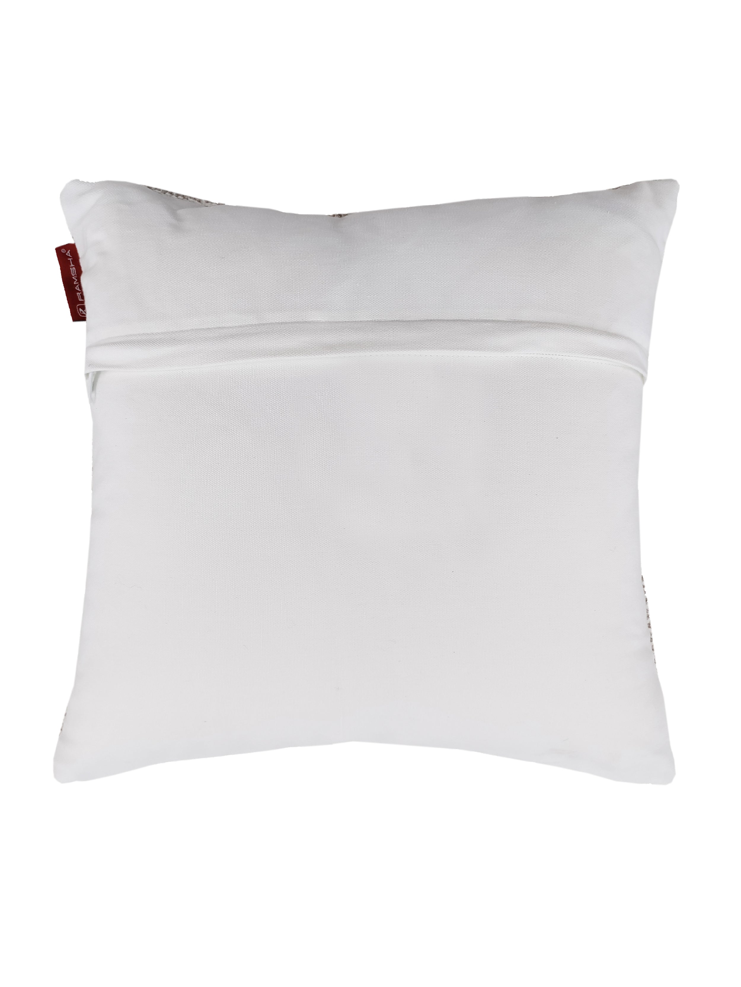 The RAMSHA HOME Zigzag Design Pattern Cotton Cushion CS-179 is a square white cushion featuring a visible horizontal seam and a red fabric tag on the left, shown against a plain white background.