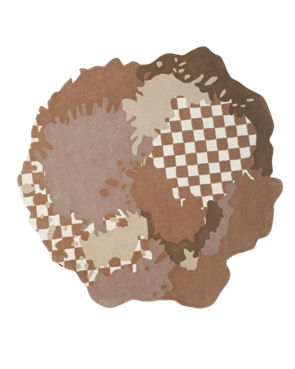 Experience the artistry of the RAMSHA HOME Handmade Multicolor Area Bespoke Rug HTW 128 (200cm), a round, hand-tufted piece featuring abstract, irregular splatter shapes in brown, beige, and off-white tones, complemented by a distinctive section of brown and cream checkerboard pattern.