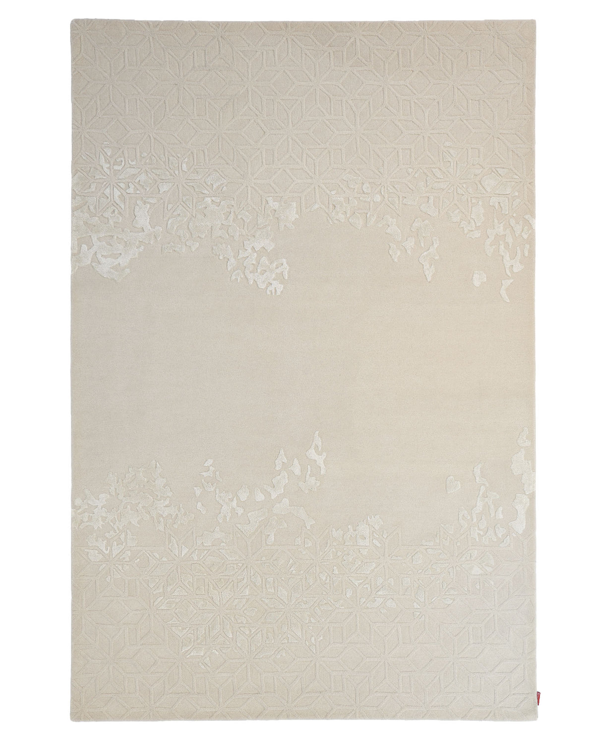 The RAMSHA HOME Handmade Beige Color Area Rug - HTWV 165 (200X300 cm) features a modern rectangular design with a subtle geometric and floral pattern along the top and bottom edges, while the center remains mostly plain.