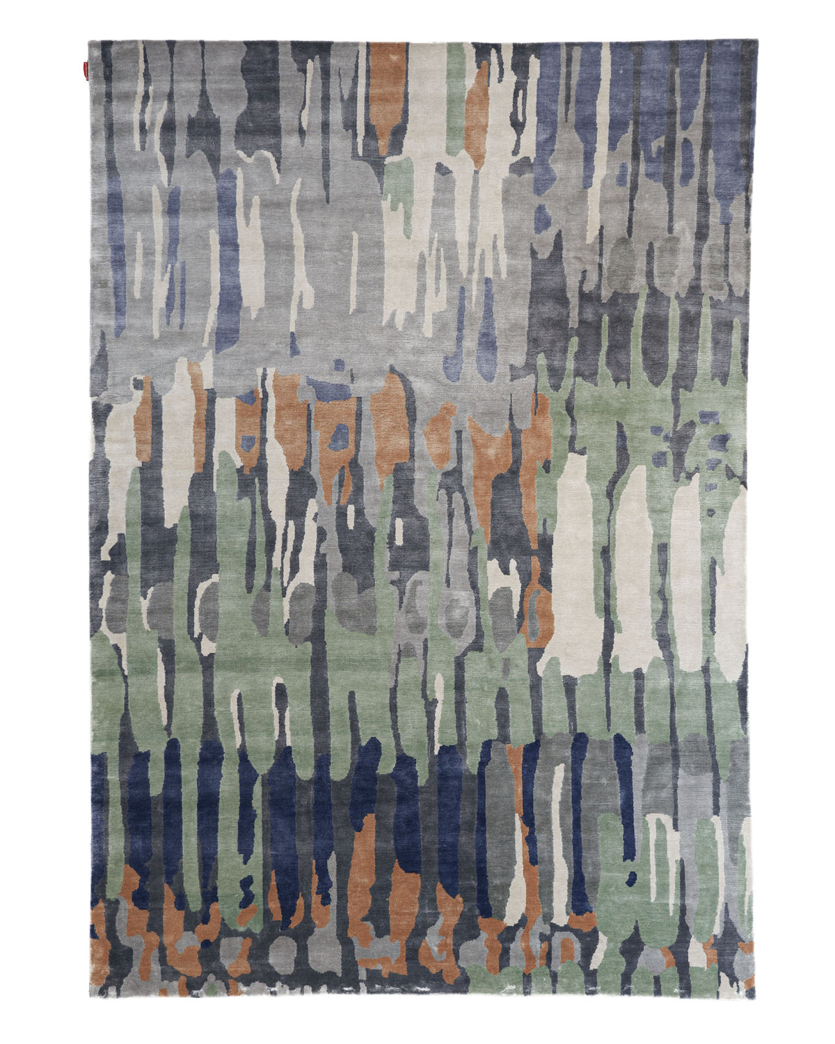 The RAMSHA HOME Decorative Area Carpet Tencil & Cotton Multi Color HKV-09 features an abstract hand-knotted design with vertical brushstroke patterns in shades of blue, green, gray, beige, and rust for a modern, artistic touch.