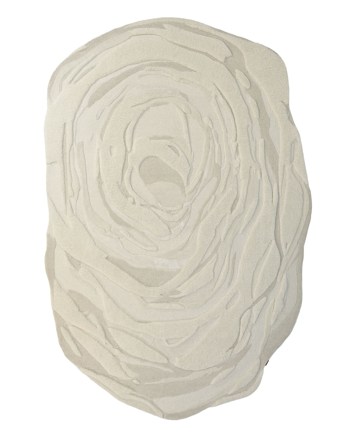 The RAMSHA HOME Beige Color Oval Shaped Handmade Rug - HTWV 106 (200x300cm) features an abstract, concentric pattern reminiscent of tree rings or a geode slice in soft cream and light grey hues. This hand-tufted rug brings sophisticated texture and organic elegance to any modern space with its neutral palette and unique oval shape.