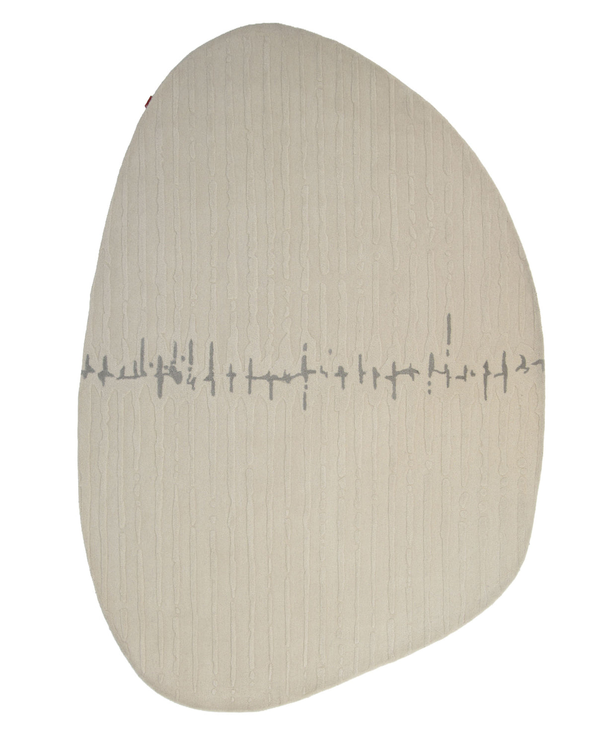 The RAMSHA HOME Irregular Shape Handmade Rug HTW 108 features an irregular shape in beige with a subtle linear textured pattern, accented by a single horizontal gray line with short vertical marks near the center. Expertly hand-tufted from wool, this modern, neutral rug offers both comfort and style.
