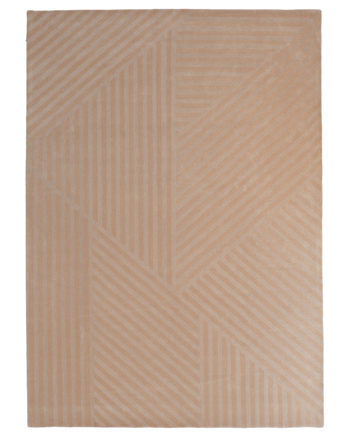 The RAMSHA HOME Beige Hand Tufted Area Rug 250X350 cm (AL-05) showcases a subtle pattern of diagonal and parallel lines forming overlapping geometric shapes, with varying textures within the same beige tone for added depth and visual interest—an elegant choice for home decor.