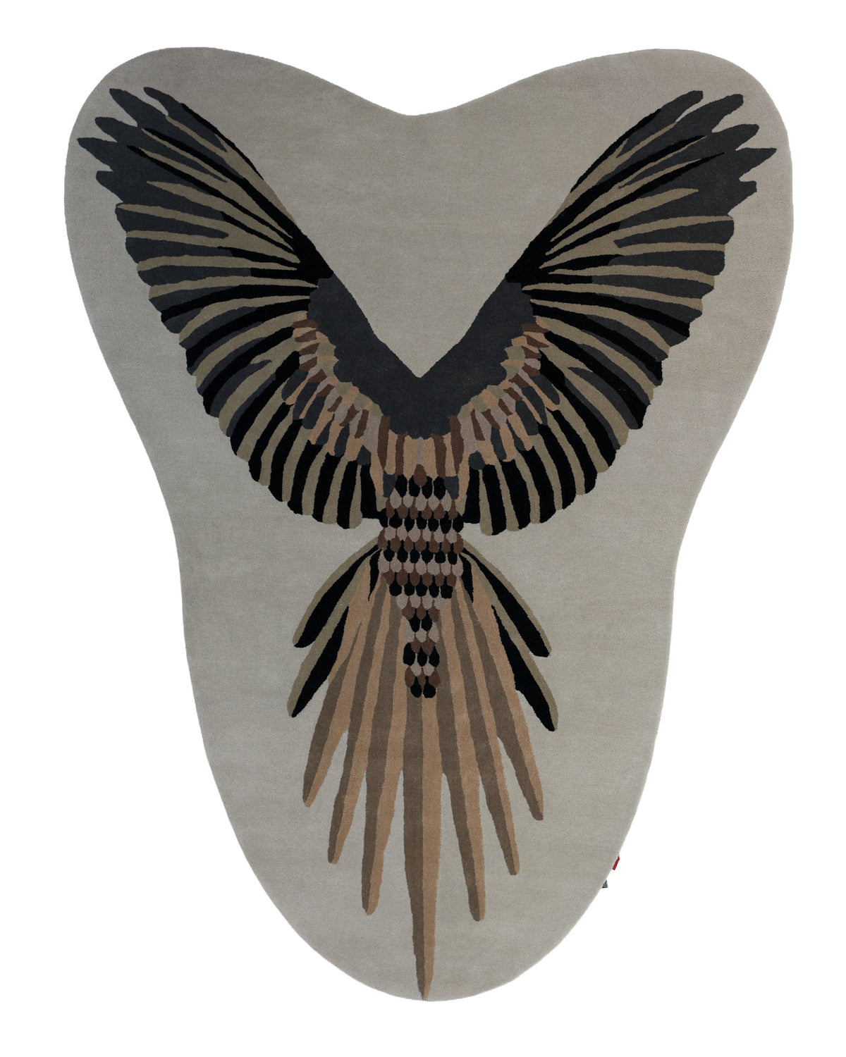 The Unshape Handmade Multi Color Rug HTW-82 by RAMSHA HOME features an abstract, asymmetrical form with a beige background and a stylized bird design showcasing outstretched black and brown wings, patterned tail feathers, and intricate detailing. Expertly hand-tufted from wool, this unique rug serves as a striking centerpiece that highlights the bird motif within its organic, irregular shape.