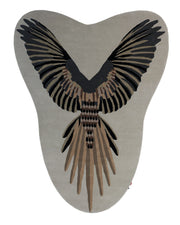 The Unshape Handmade Multi Color Rug HTW-82 by RAMSHA HOME features an abstract, asymmetrical form with a beige background and a stylized bird design showcasing outstretched black and brown wings, patterned tail feathers, and intricate detailing. Expertly hand-tufted from wool, this unique rug serves as a striking centerpiece that highlights the bird motif within its organic, irregular shape.