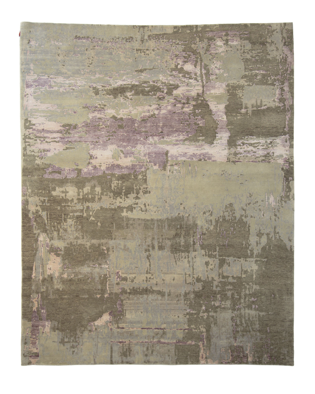 The RAMSHA HOME Hand Knotted Living Room Rug - HKWV-03 (240x300 CM) showcases an abstract design in muted shades of beige, olive green, and light purple, highlighted by irregular painterly patches and brushstroke-inspired textures throughout its rectangular hand-knotted construction.