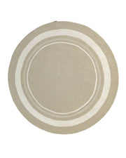 The RAMSHA HOME Multi Color Handmade Rug - HTWV-120 features a beige, round design with concentric white rings near the edge, shown from above against a white background. This modern rug boasts a timeless aesthetic, seamlessly blending style and comfort to enhance any contemporary space.