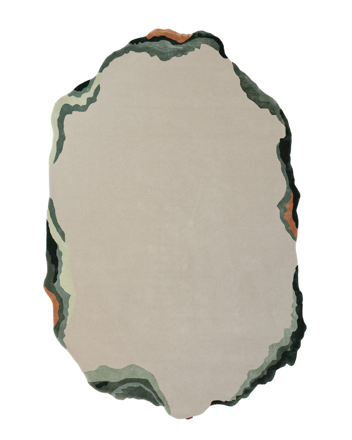 The Handmade Decorative Multi Color Rug HTWV-92 by RAMSHA HOME features an irregularly shaped, beige hand-tufted design with an uneven green, orange, and black border that mimics the look of a natural stone or mineral slice. Its organic, abstract appearance makes it a perfect modern wool rug for any space.
