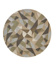 The RAMSHA HOME Handmade Round Carpet For Home Decor 200 CM HTWV-47 features an abstract geometric pattern in shades of beige, brown, gray, and olive green, with overlapping triangles and polygons. Hand tufted for a soft texture, this striking rug adds a modern touch to any space.