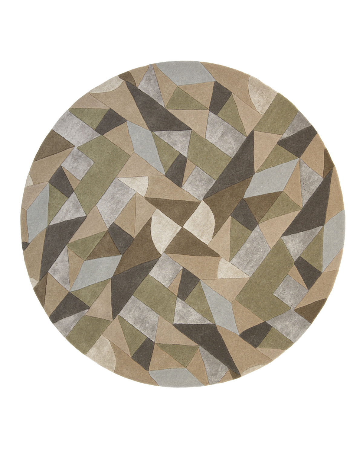 The RAMSHA HOME Handmade Round Carpet For Home Decor 200 CM HTWV-47 features an abstract geometric pattern in shades of beige, brown, gray, and olive green, with overlapping triangles and polygons. Hand tufted for a soft texture, this striking rug adds a modern touch to any space.