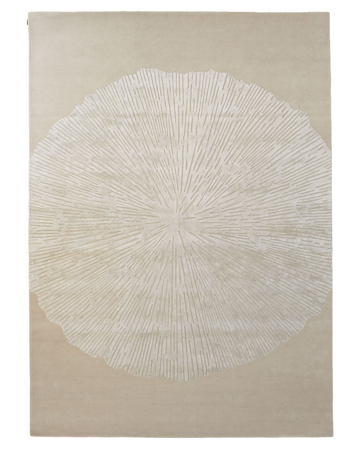 The RAMSHA HOME Hand-Tufted Carpet For Home Decor HTWV-76 is a contemporary beige area rug showcasing a striking white radial pattern reminiscent of tree rings or a sunburst at its center. Set against a light background, this elegant wool floor covering effortlessly blends modern design with timeless sophistication, making it a neutral yet eye-catching addition to any space.