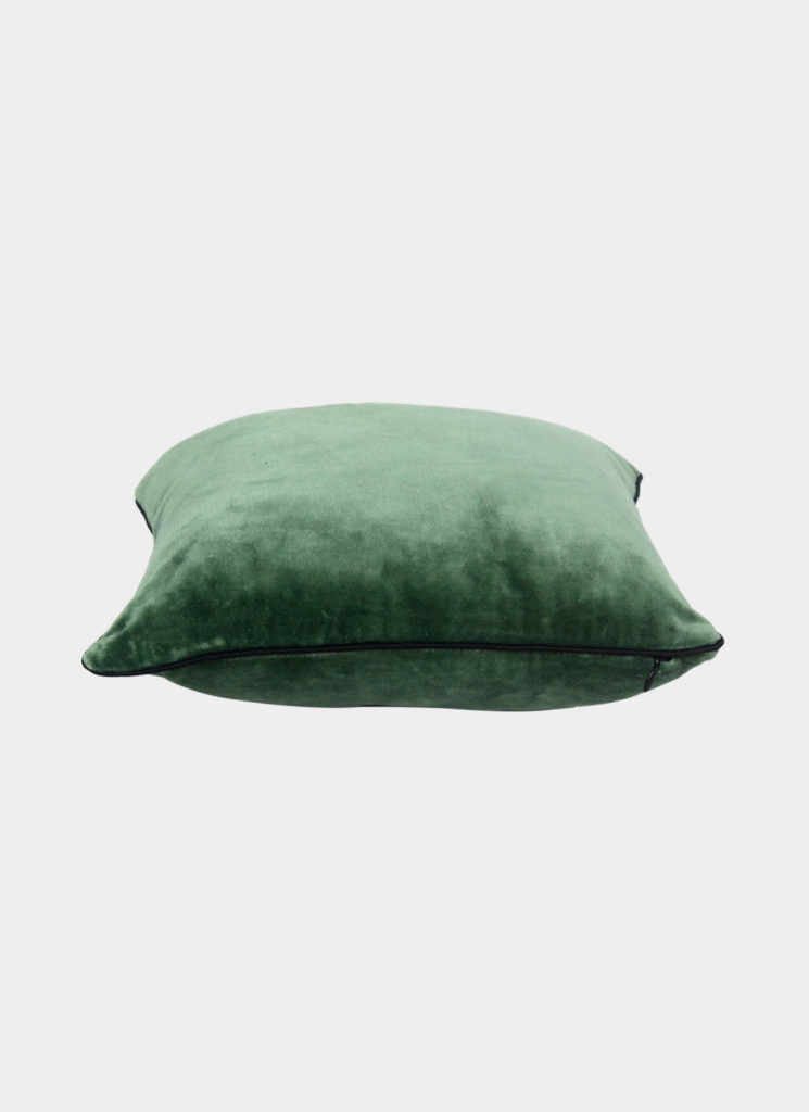 The RAMSHA HOME Polyester Cushion Plain With Filler cs-233 is a square, plush dark green velvet pillow with rounded edges, featuring an elegant style and soft polyester filling. Displayed on a plain light gray background.