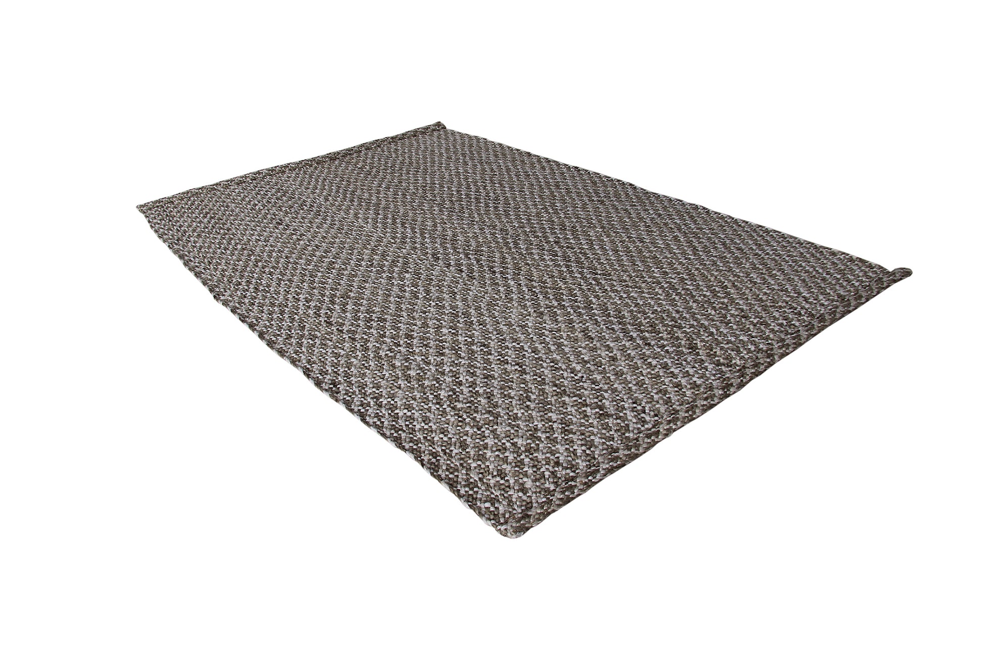 The RAMSHA HOME Handmade Home Decor Crochet Rug - CR 003 (200x300cm) is shown at an angle on a white background, highlighting its rectangular shape, brown and gray textured design, thickness, and woven pattern.