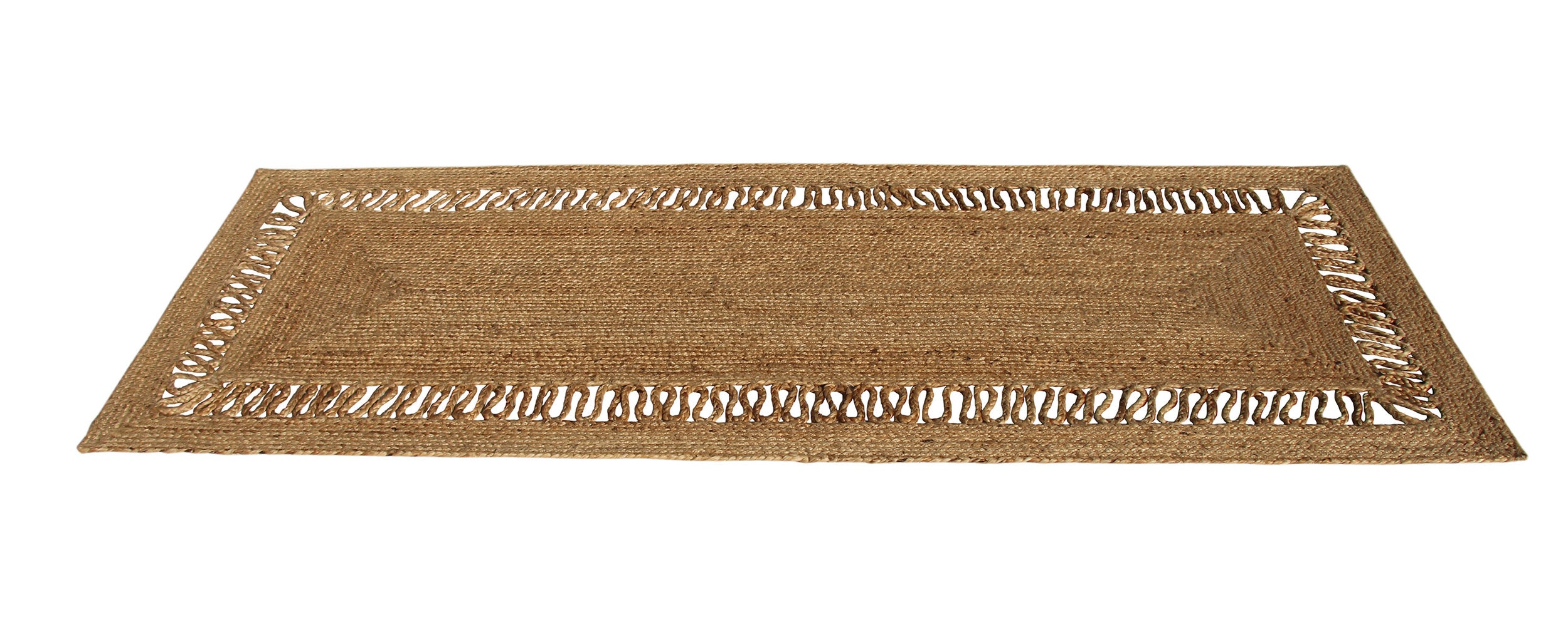 The RAMSHA HOME Beautiful Natural Braided Rug - BR 069, a rectangular jute rug with fringed edges, is displayed on a white background.