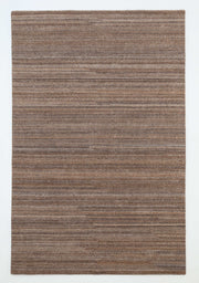 The RAMSHA HOME Handmade Earth Strata Wool Rug HTP 29 is a rectangular, minimalist area rug handwoven from natural fibers, featuring brown and taupe textured stripes, shown on a white background.