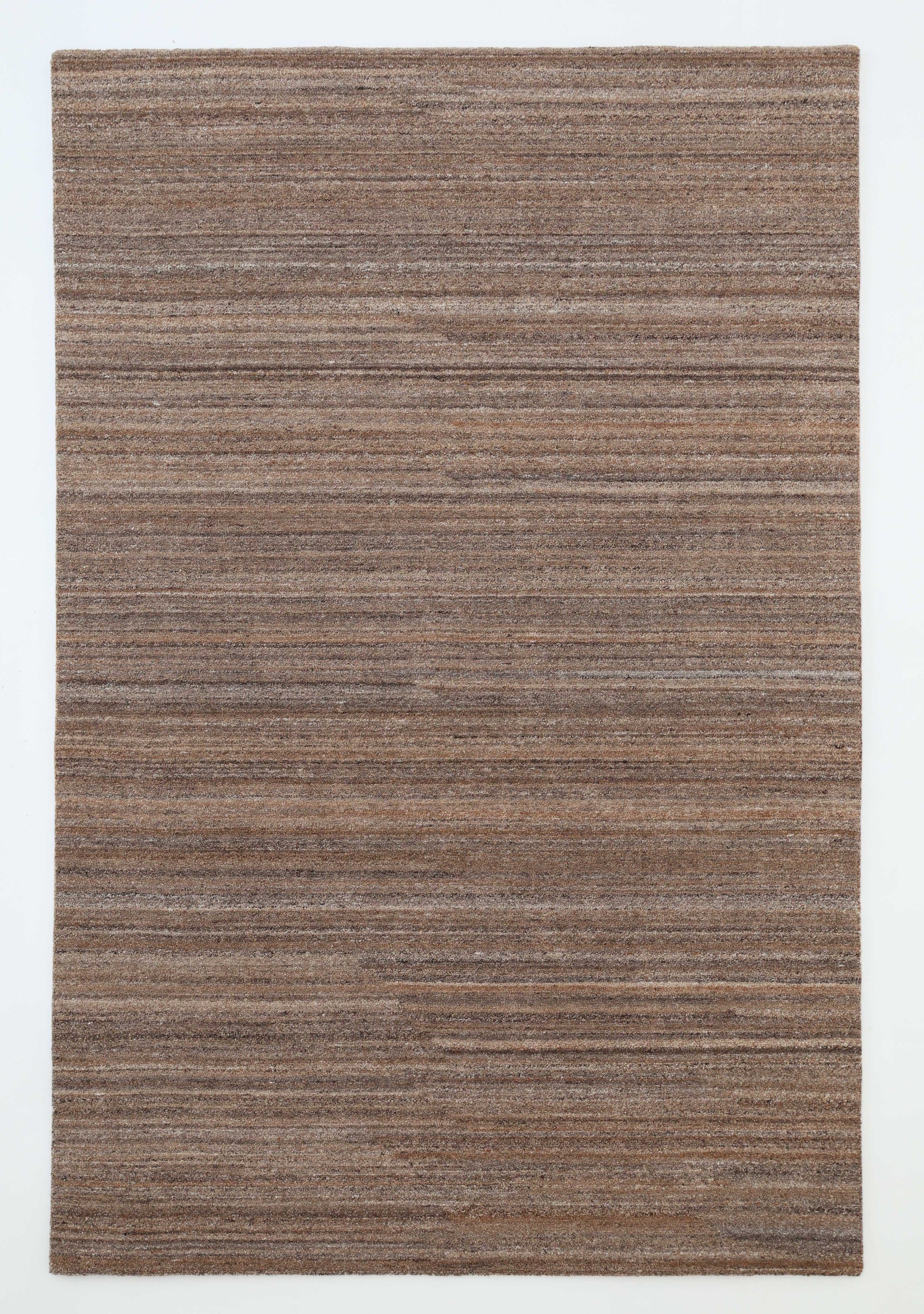 The RAMSHA HOME Handmade Earth Strata Wool Rug HTP 29 is a rectangular, minimalist area rug handwoven from natural fibers, featuring brown and taupe textured stripes, shown on a white background.