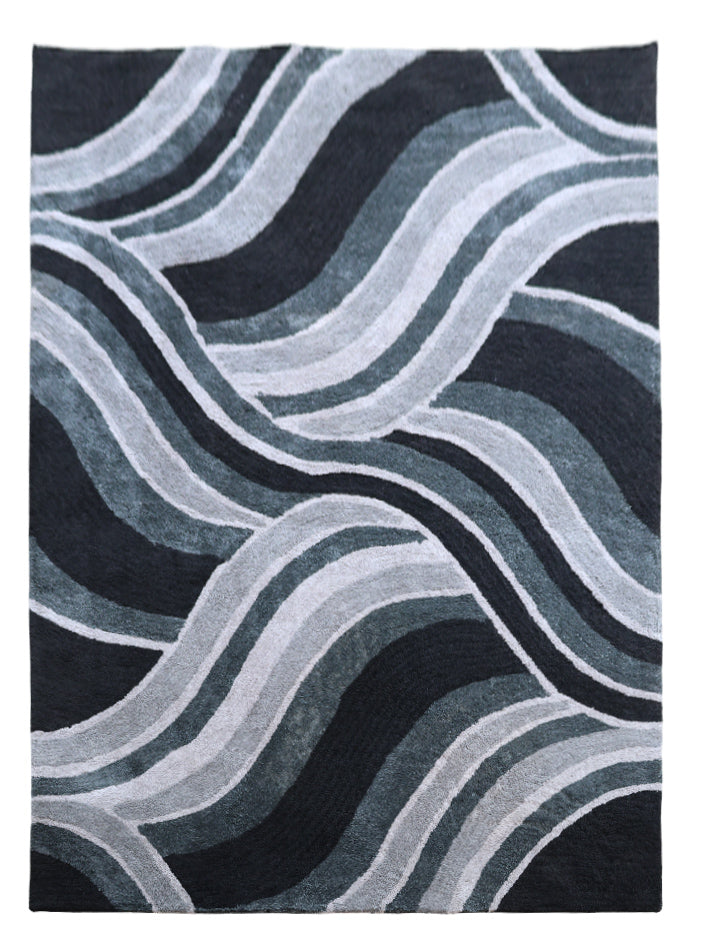 The RAMSHA HOME Multi Shaggy Area Rug for Large Living Room - SG 048 is a square plush rug with an abstract wave pattern in black, gray, and white, featuring dynamic curving lines for a modern look.