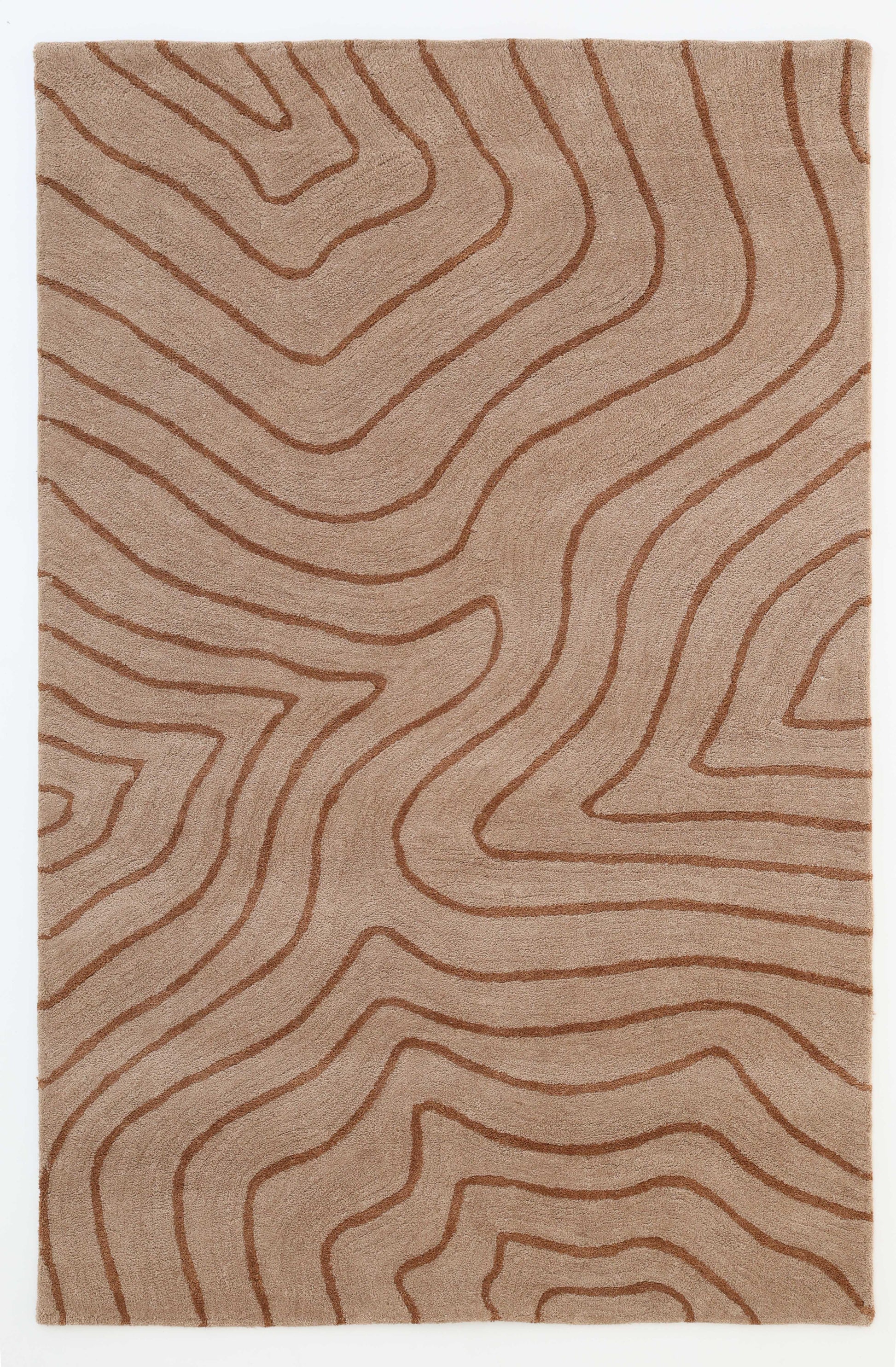 The RAMSHA HOME Designer Contour Line Plush Area Rug - SG 051 is a modern beige-brown rectangular rug featuring an abstract, wavy topographic brown line pattern for dynamic texture and movement.