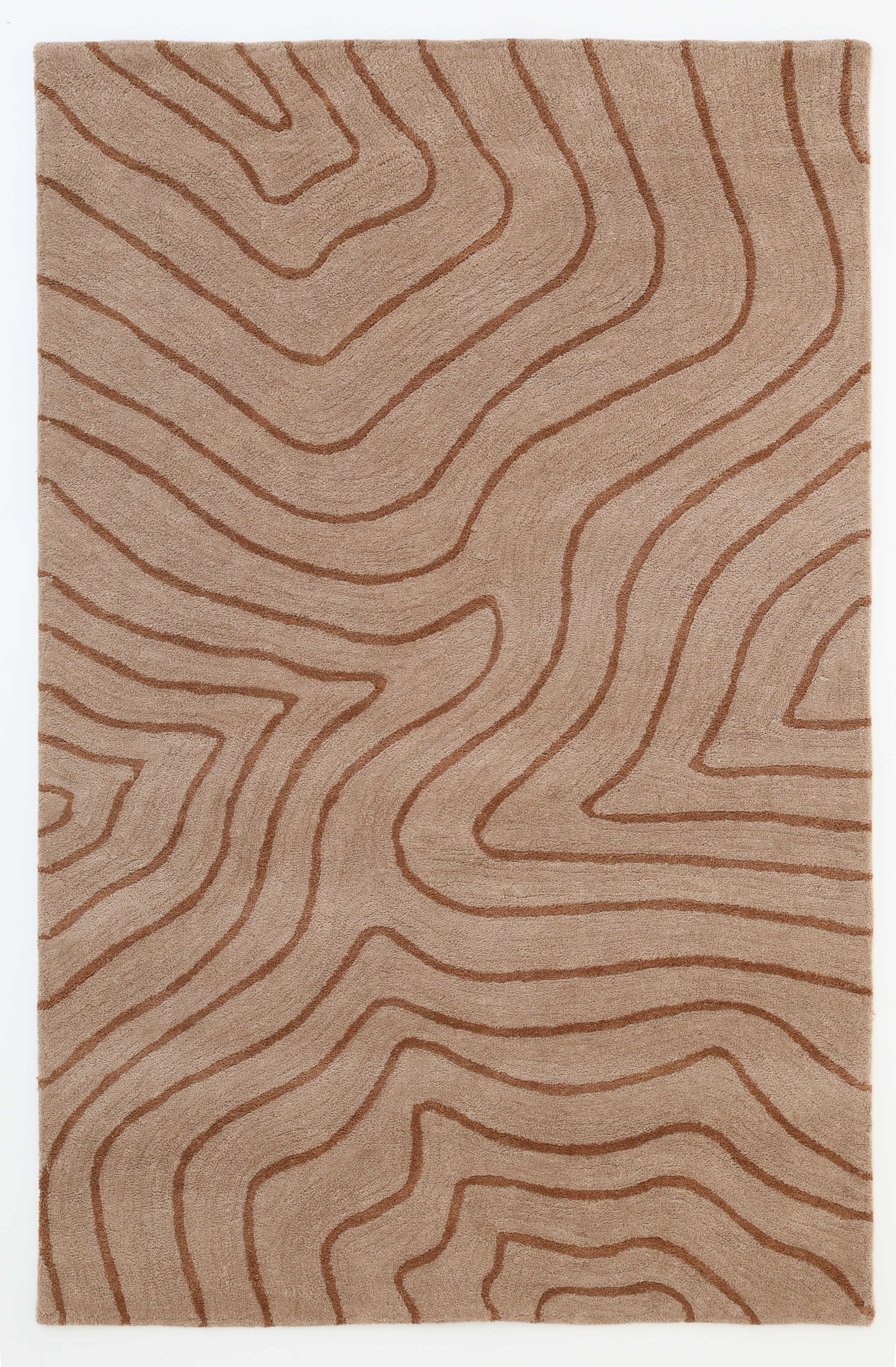 The RAMSHA HOME Designer Contour Line Plush Area Rug - SG 051 is a modern beige-brown rectangular rug featuring an abstract, wavy topographic brown line pattern for dynamic texture and movement.