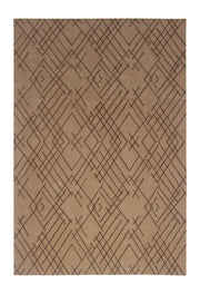 The RAMSHA HOME Modern Home Decor Handmade Carpet – HTW-50 is a tan brown hand-tufted area rug with an abstract geometric pattern featuring intersecting lines forming diamonds, squares, and X shapes.