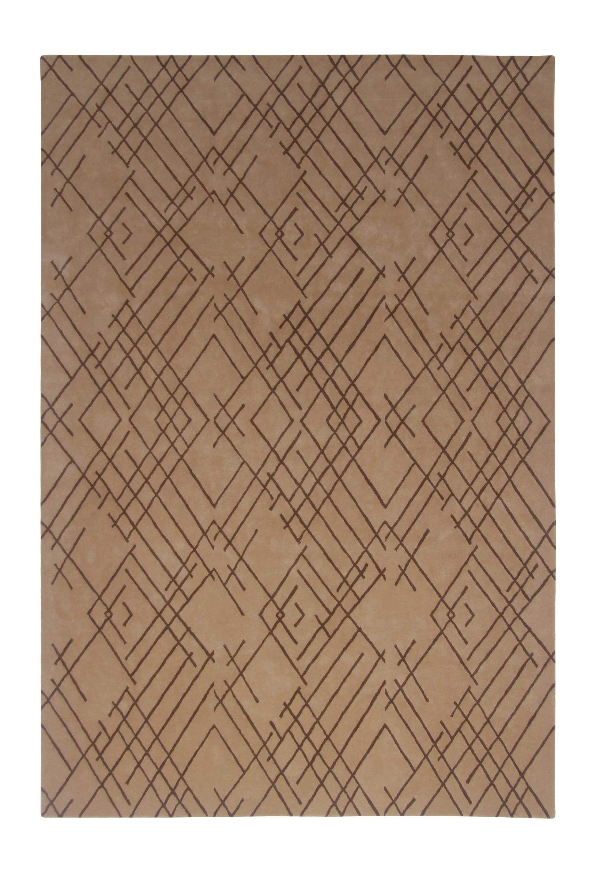The RAMSHA HOME Modern Home Decor Handmade Carpet – HTW-50 is a tan brown hand-tufted area rug with an abstract geometric pattern featuring intersecting lines forming diamonds, squares, and X shapes.