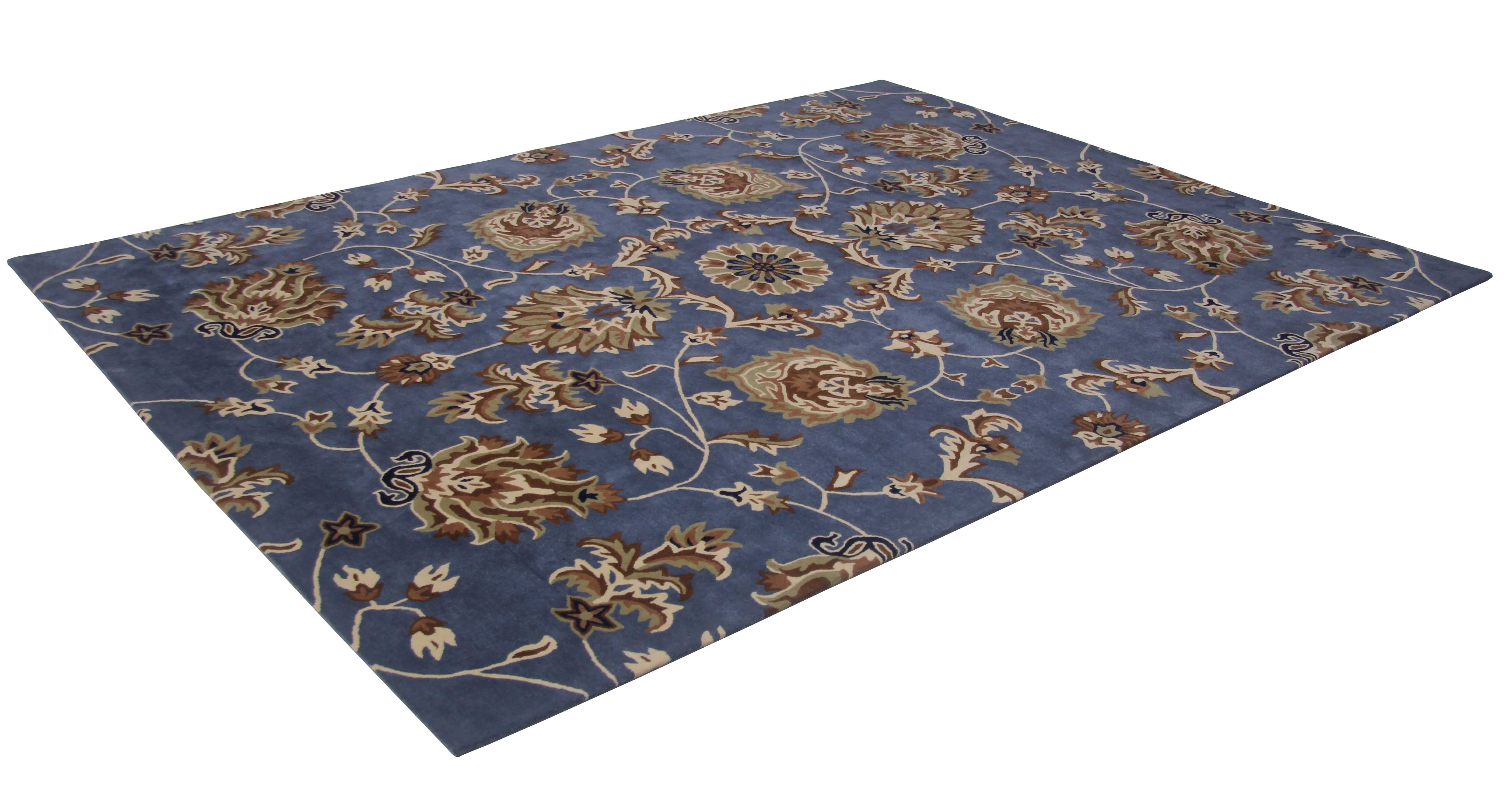 The RAMSHA HOME Handmade Blue Persian Wool Carpet 300x400 cm (HTW-15) showcases an intricate floral pattern in brown, cream, and beige on blue wool, presented against a white background.