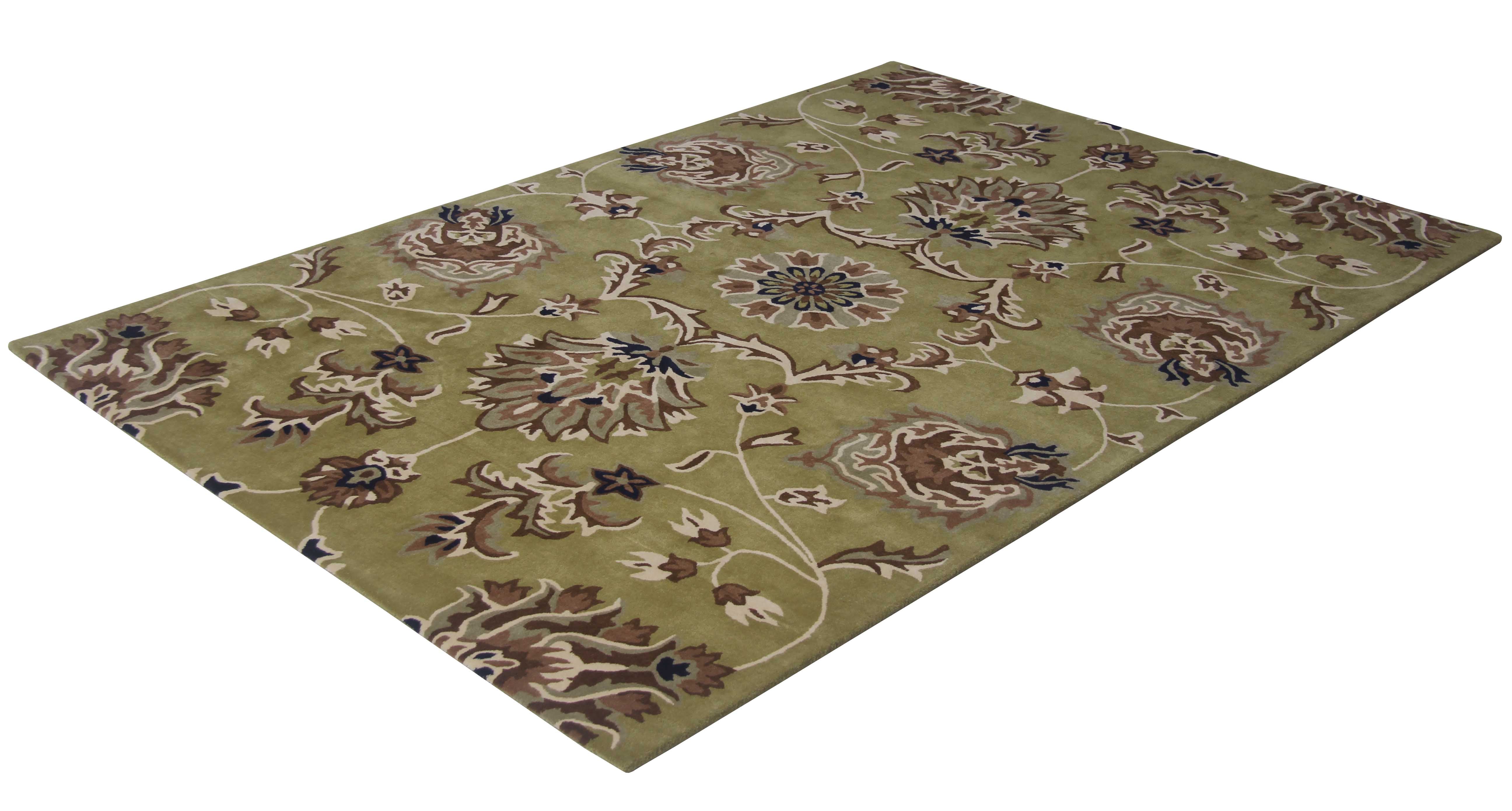 The RAMSHA HOME Home Decor Multi Color Handmade Rug - HTW 10 (200x300 cm) is a rectangular, hand tufted wool rug with a soft olive green base, ornate floral patterns in brown, beige, and cream, plus dark accents and no visible border.