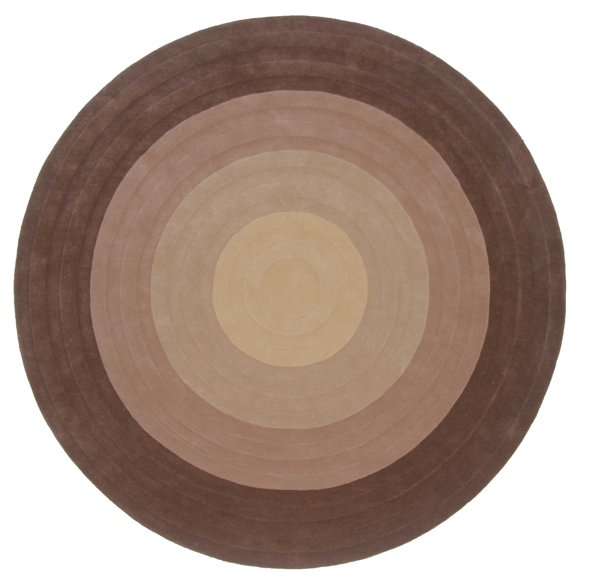 The RAMSHA HOME Home Decor Concentric Circle Handmade Carpet – HTW-51 is a hand-tufted round wool rug with concentric circles in brown and beige, fading from light at the center to dark at the edges.