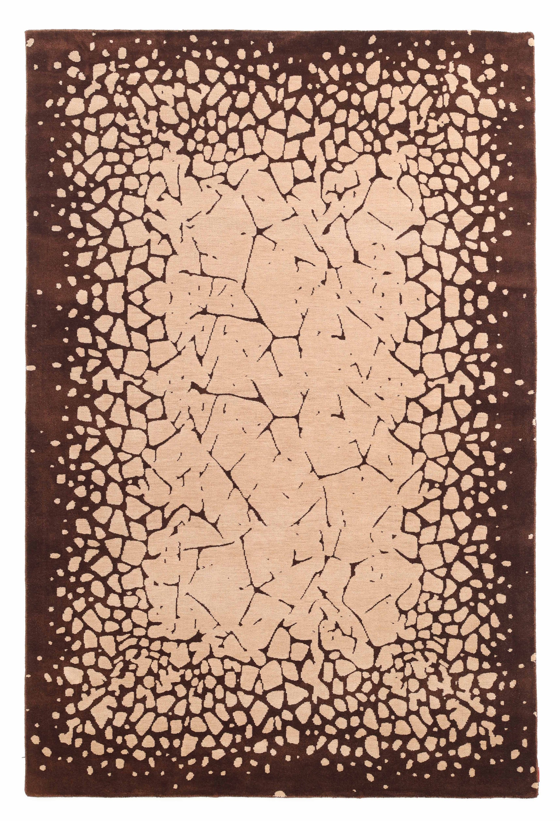 The RAMSHA HOME Terrain Echo Abstract Rug Shaped Rug CMN 118 features a rectangular design with a beige center, stone-like patterns, and a dark brown border for an abstract, fragmented effect.