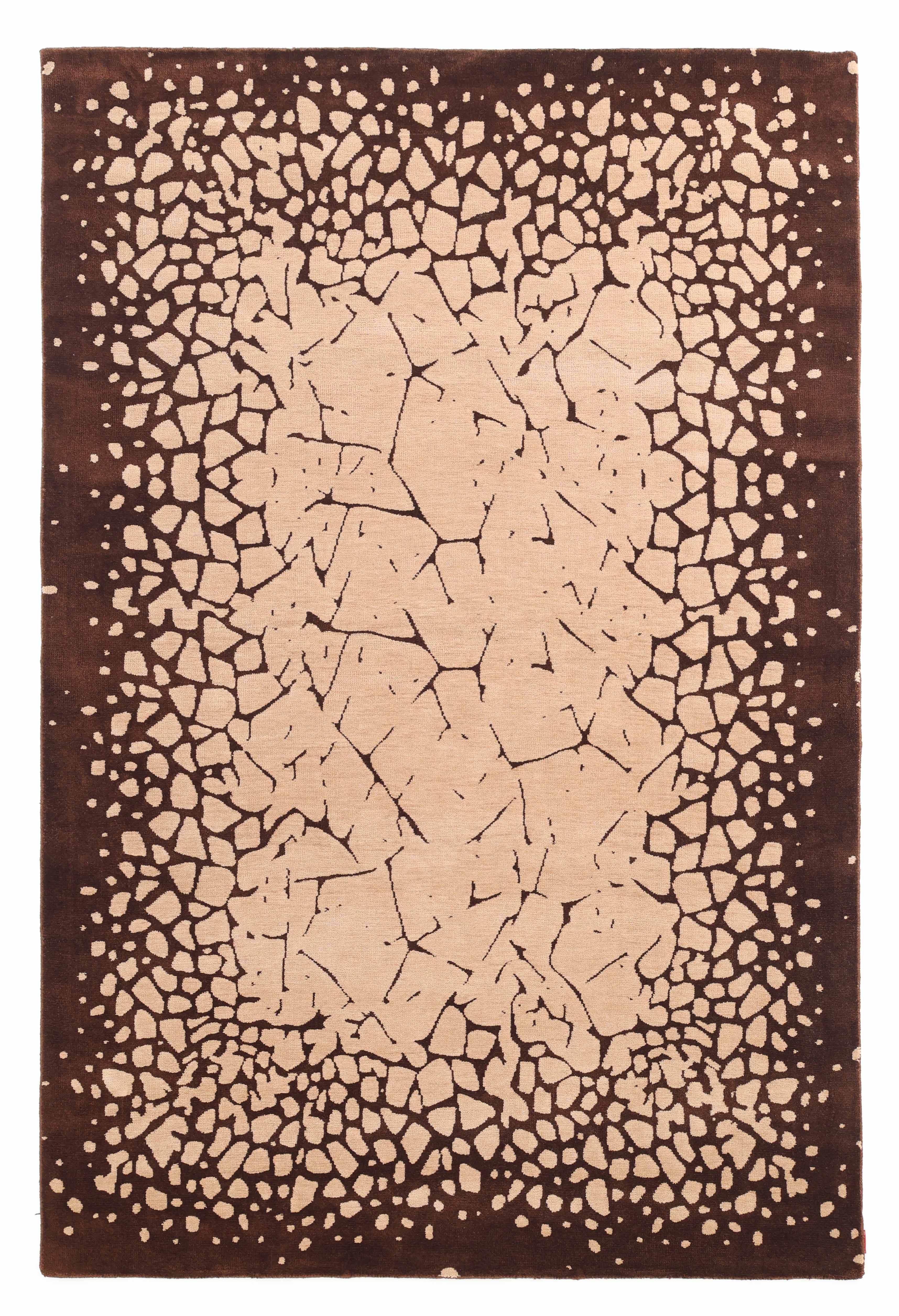 The RAMSHA HOME Terrain Echo Abstract Rug Shaped Rug CMN 118 features a rectangular design with a beige center, stone-like patterns, and a dark brown border for an abstract, fragmented effect.