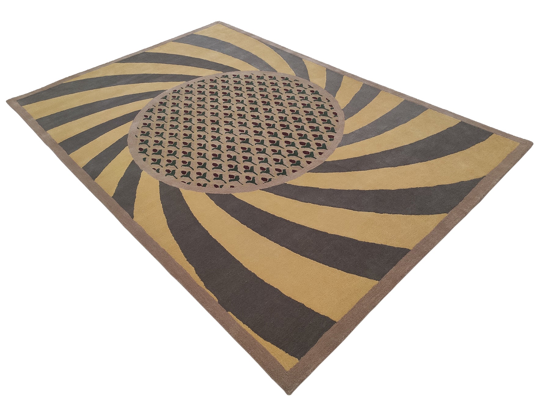 The RAMSHA HOME Modern Mustard & Grey Wool Carpet (202x292 cm, HTW-30) features a bold central circle with small black silhouettes and radiating tan and dark brown stripes in a spiral-like design. Hand tufted from wool for style and durability.
