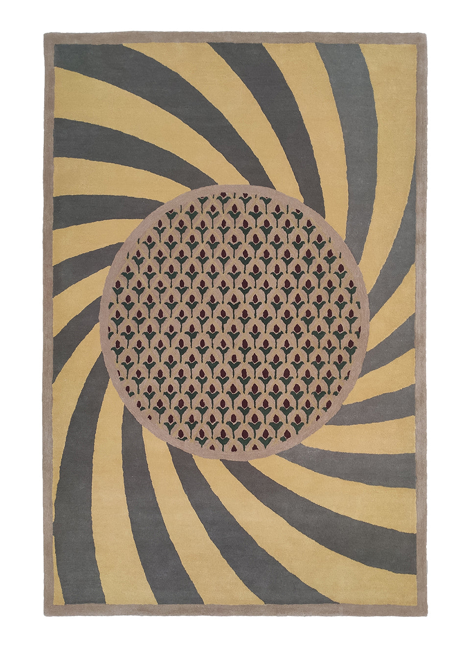 The RAMSHA HOME Modern Mustard & Grey Wool Carpet 202x292 cm (HTW-30) is hand-tufted from premium wool, showcasing spiraling yellow and gray stripes with a central oval of black floral motifs on a tan background.