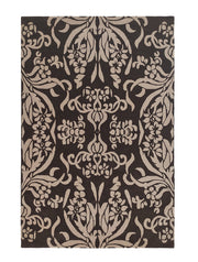 The RAMSHA HOME Home Decor Dark Shade Handmade Carpet – HTW-31 is a hand tufted wool rug with a symmetrical beige floral and vine damask pattern on a dark brown background, offering an elegant, timeless look.