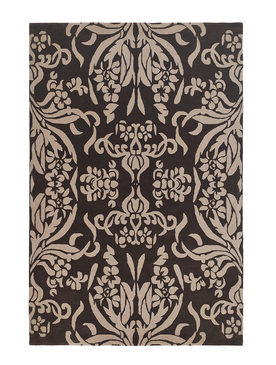 The RAMSHA HOME Home Decor Dark Shade Handmade Carpet – HTW-31 is a hand tufted wool rug with a symmetrical beige floral and vine damask pattern on a dark brown background, offering an elegant, timeless look.