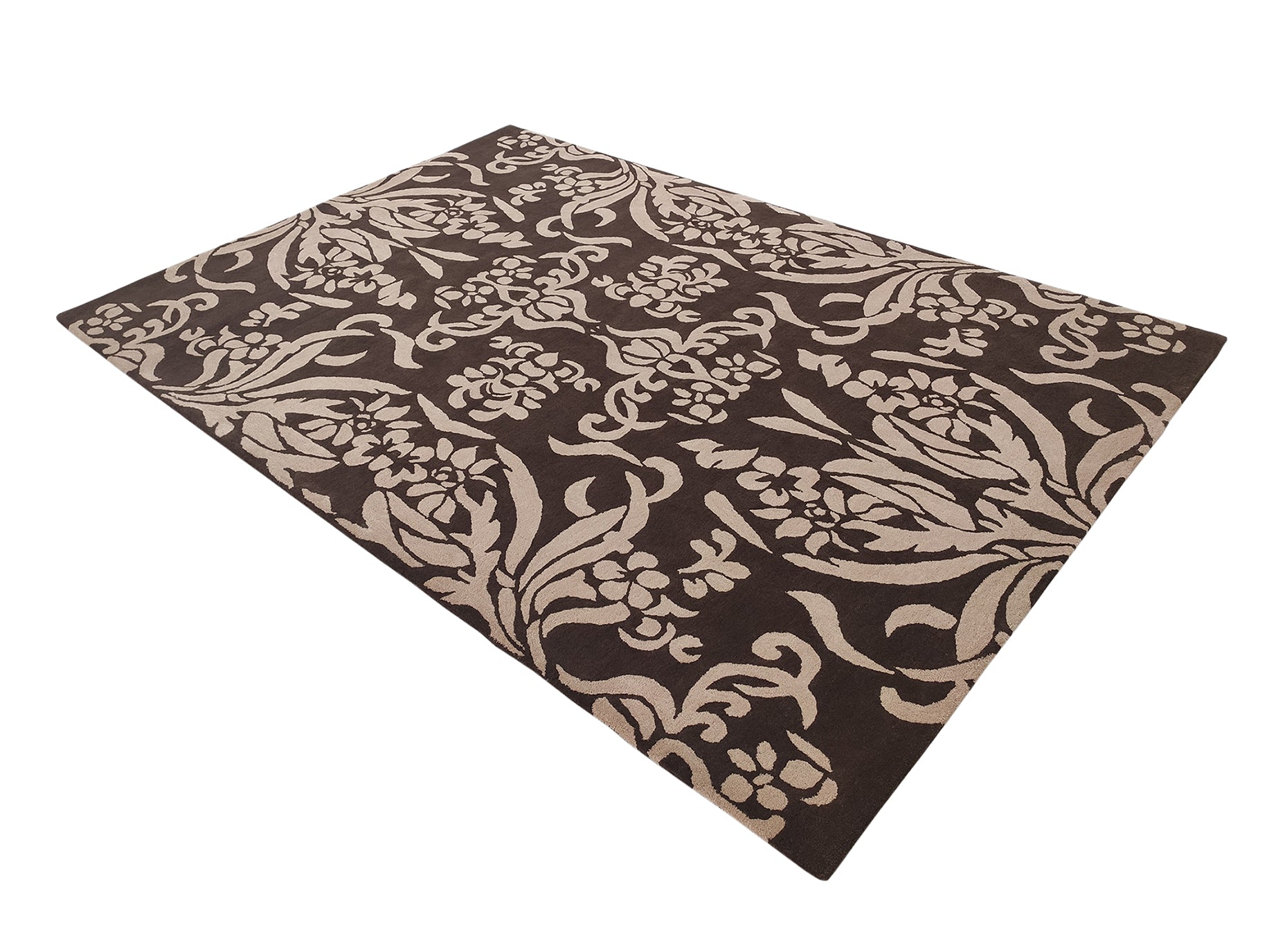 RAMSHA HOME’s Home Decor Dark Shade Handmade Carpet – HTW-31 is a rectangular wool area rug featuring a brown background with large beige floral and leaf patterns, shown from an angle.