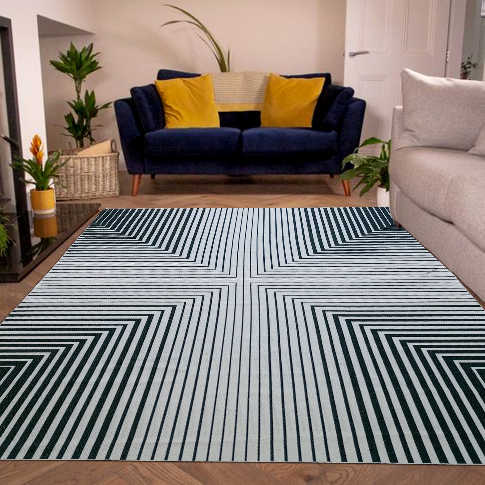 Introducing our Stripe Pattern Black Color Printed Rug, designed to elevate the style of any drawing room