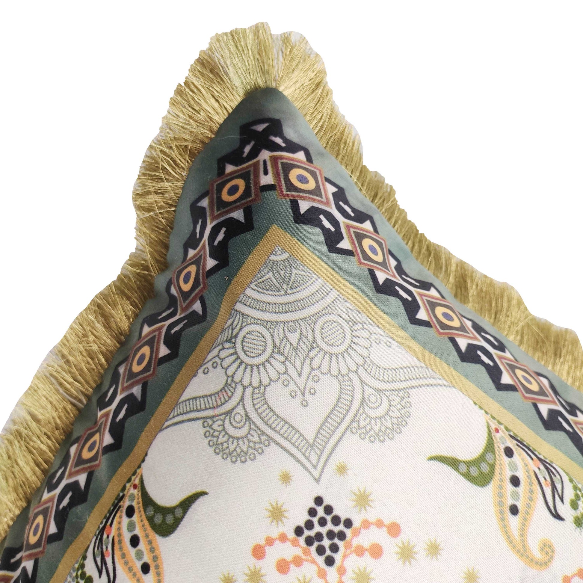 Close-up of RAMSHA HOME's Multi Color Cushion With Filler CS-059, showing a durable corner with yellow fringe and detailed black, gold, green, and white geometric and floral patterns on a cream background.