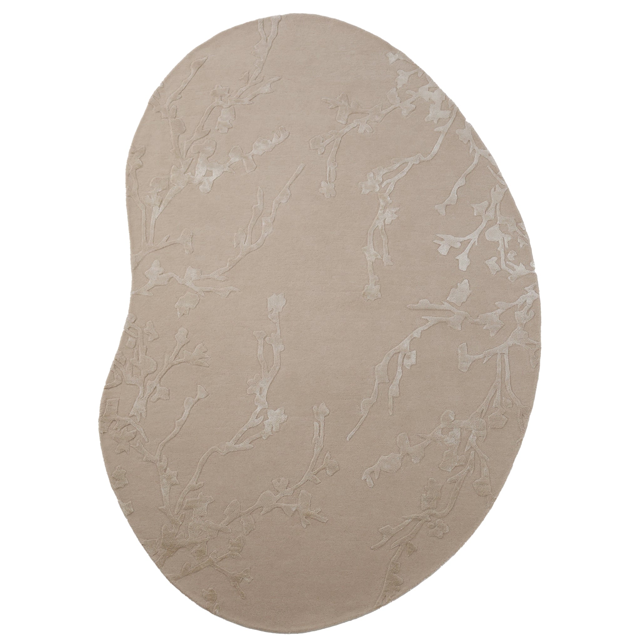 The RAMSHA HOME Decorative Handmade Area Rug HTWV-118 is an asymmetrical, oval beige wool blend rug with a subtle lighter floral pattern—offering soft texture and neutral style, perfect for bedrooms.