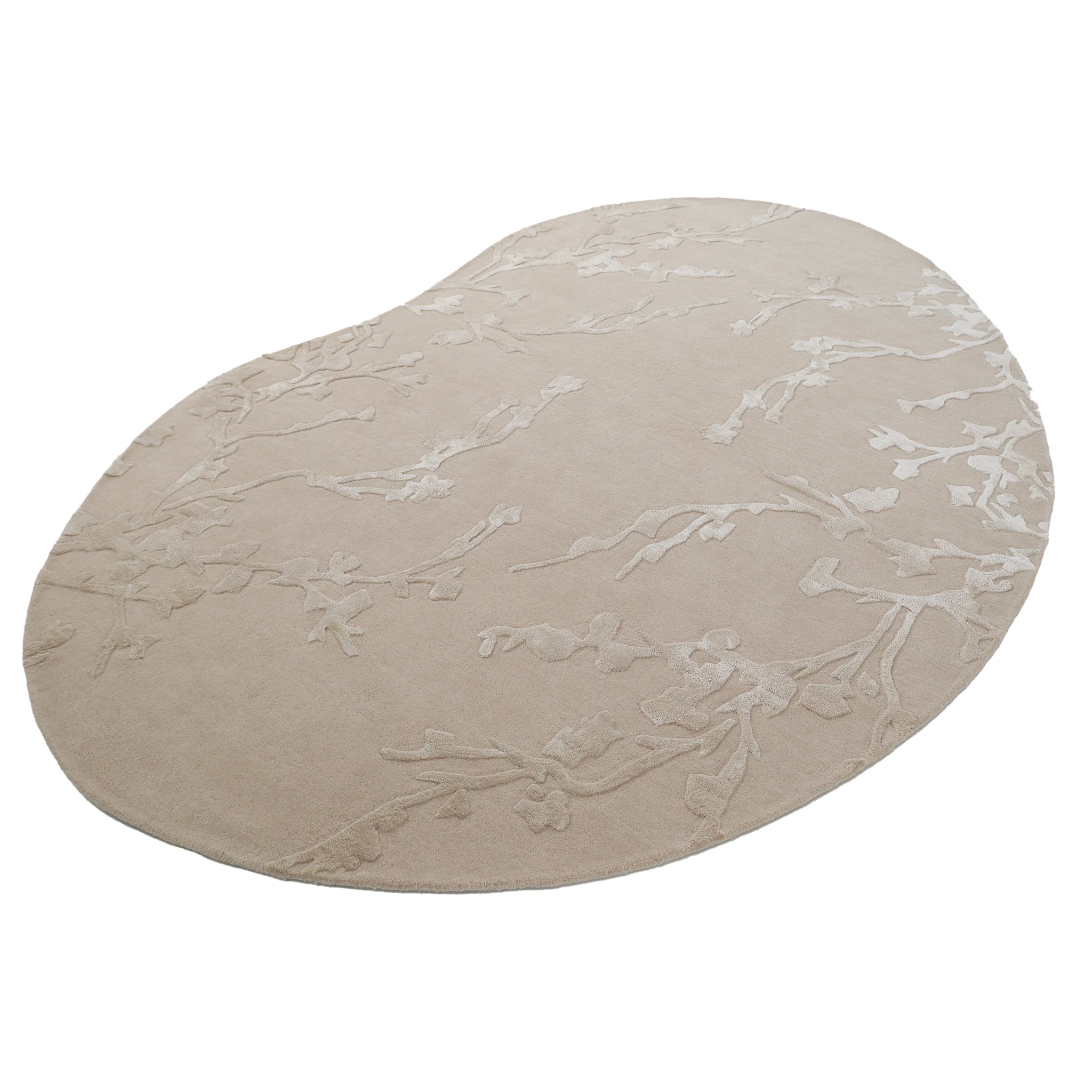 The RAMSHA HOME Decorative Handmade Area Rug HTWV-118 is an oval, beige wool blend rug featuring hand-tufted craftsmanship and a subtle raised pattern of intertwining branches and leaves.