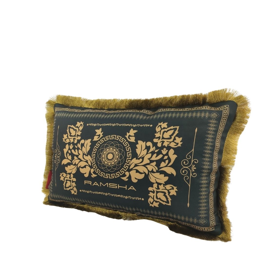 The Cushion With Filler For Bedroom CS-065 by RAMSHA HOME features gold floral and geometric patterns on dark green fabric with gold fringe and “RAMSHA” at the center. Includes soft-touch cushion with filler for extra comfort.