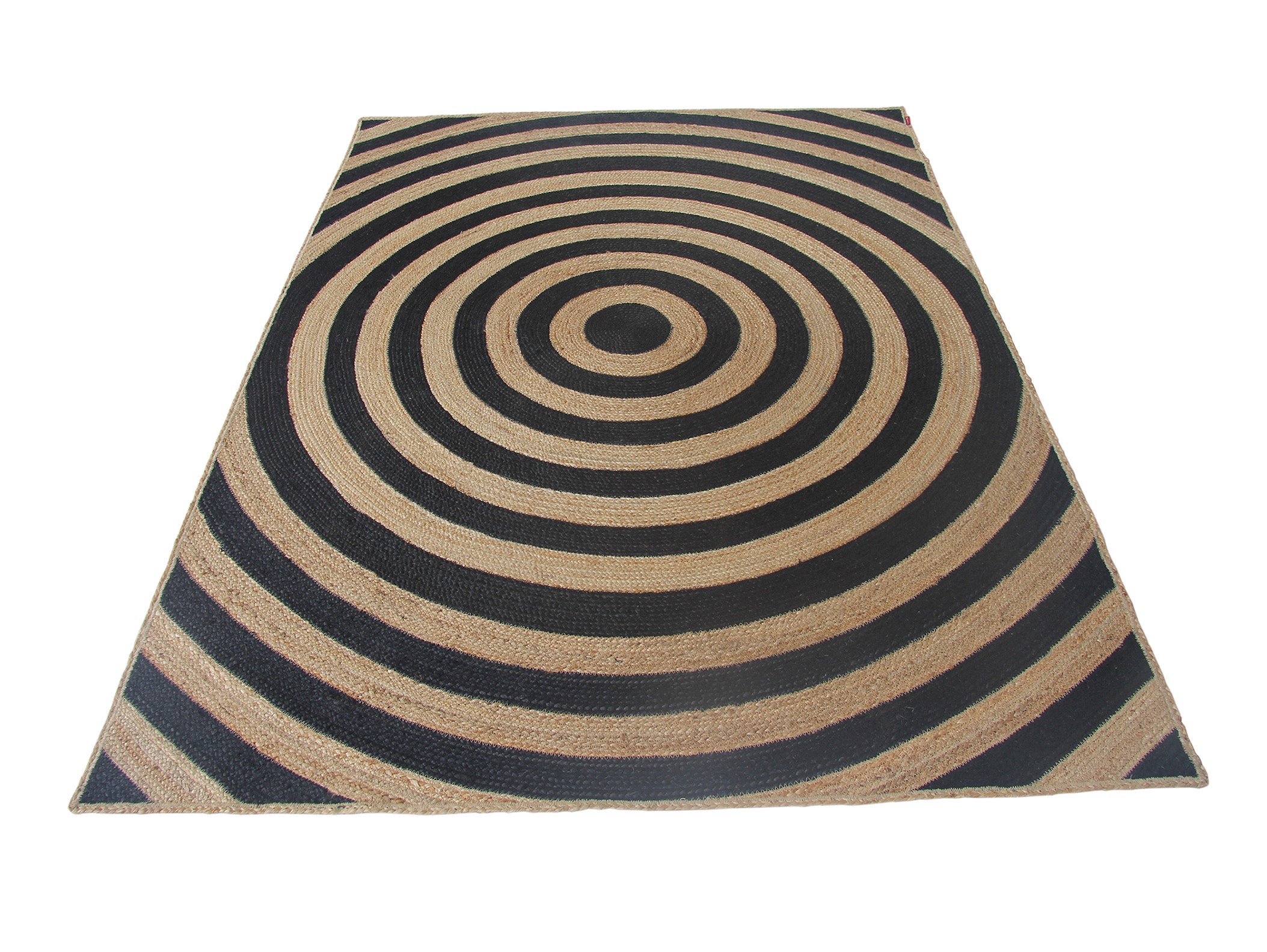 The RAMSHA HOME Handmade Natural & Black Jute Floor Braided Rug - BR 072 features alternating black and beige concentric circles, creating a bold design that blends modern flair with classic braided jute texture.