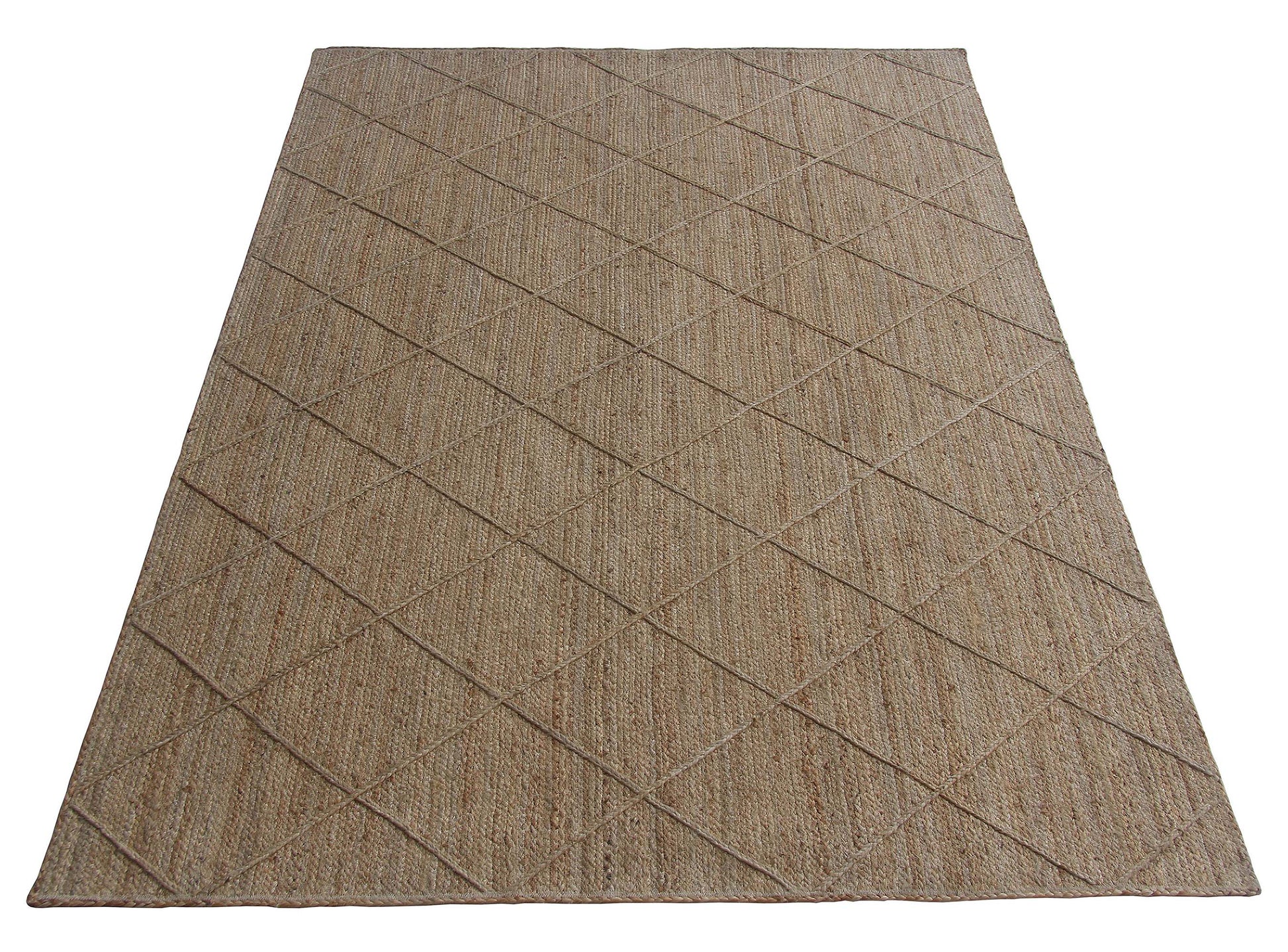 The RAMSHA HOME Natural Handmade Jute Braided Rug - BR 073 is a rectangular, brown, woven rug with a subtle diamond pattern and textured look, adding warmth and style to any space.