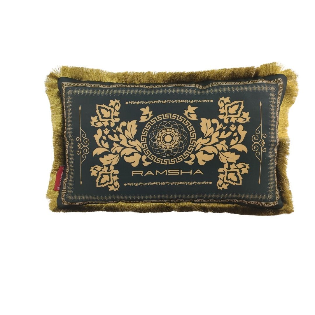 The Cushion With Filler For Bedroom CS-065 by RAMSHA HOME is a rectangular green cushion with gold floral embroidery, decorative borders, yellow fringe edges, and "RAMSHA" in the center. Made from soft touch fabric; includes filler for comfort.