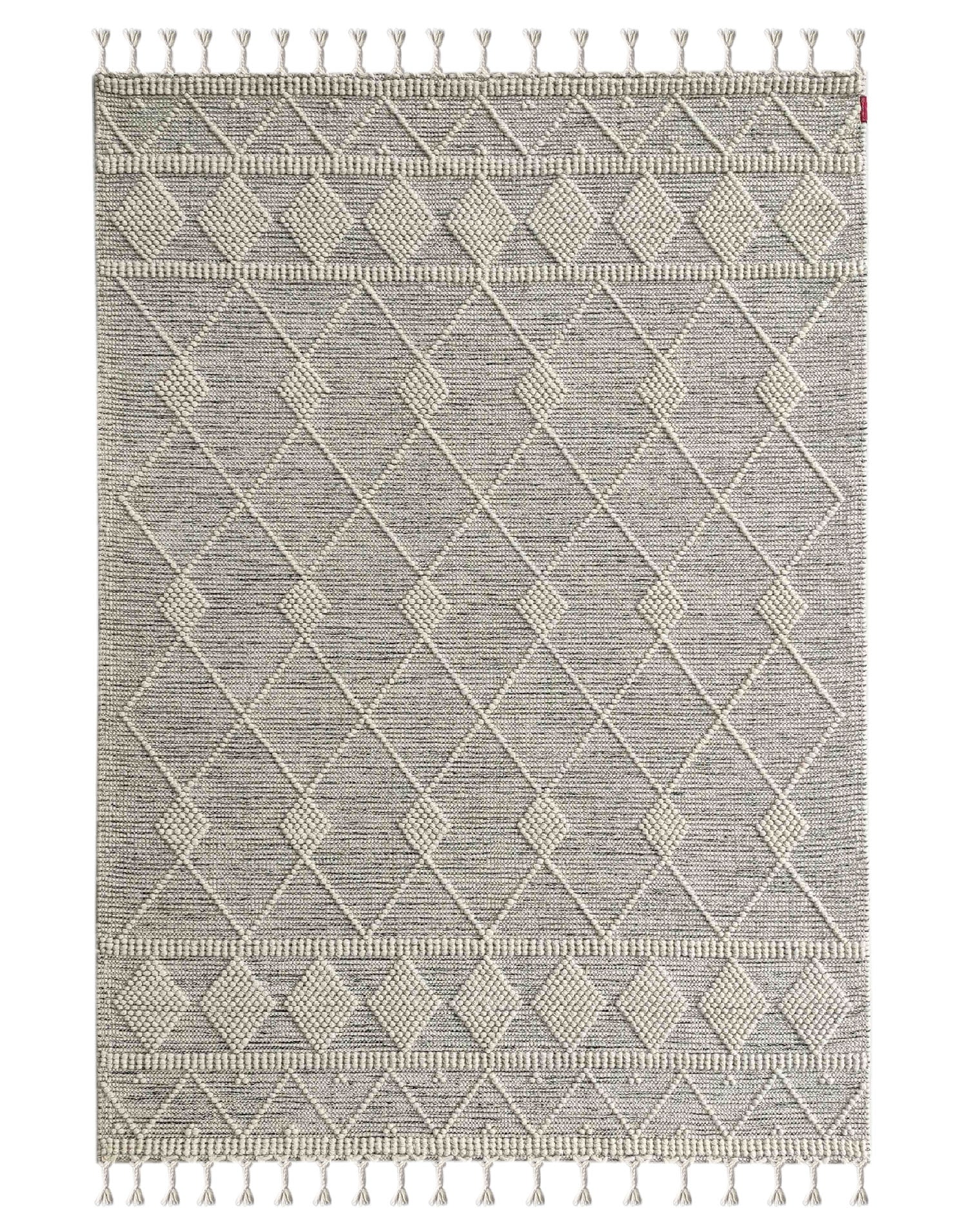 The RAMSHA HOME Fringes Woven Rug For Indoor, Floor Rug SRN-017 features a geometric diamond and line pattern in grey and ivory with decorative tassels on the short edges.