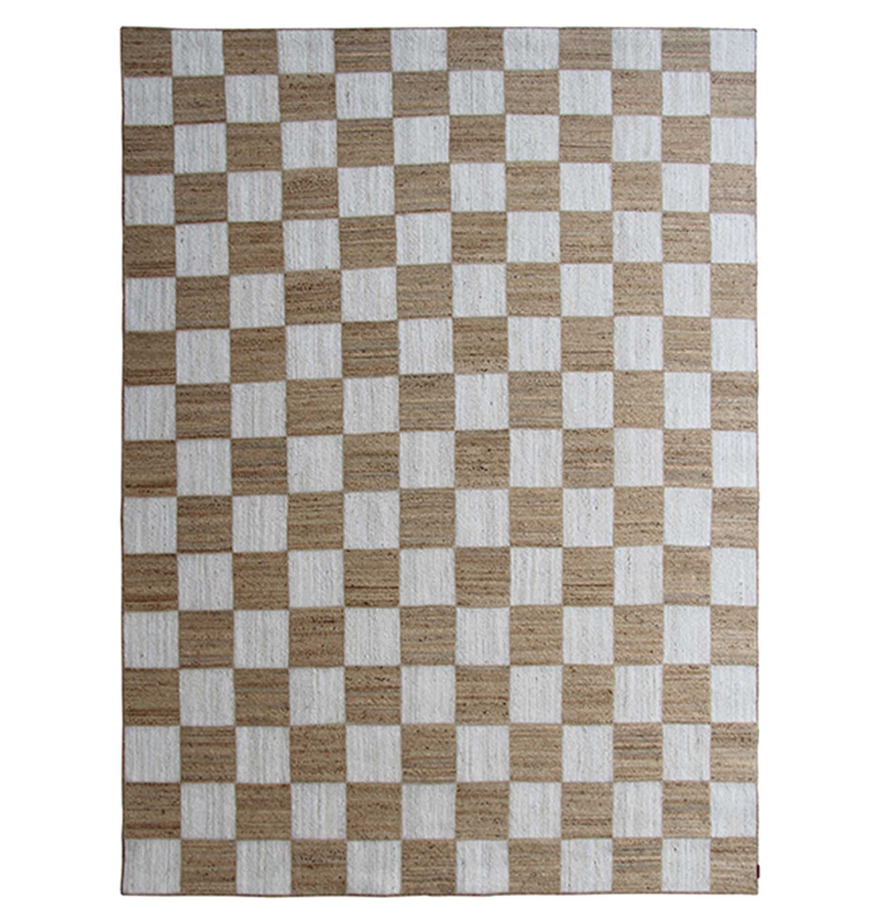 The RAMSHA HOME "Stunning Handmade Natural & Bleach Color Outdoor Jute Braided Rug - BR 037" features a simple checkered design with natural texture, blending light beige and off-white for a stylish geometric look.