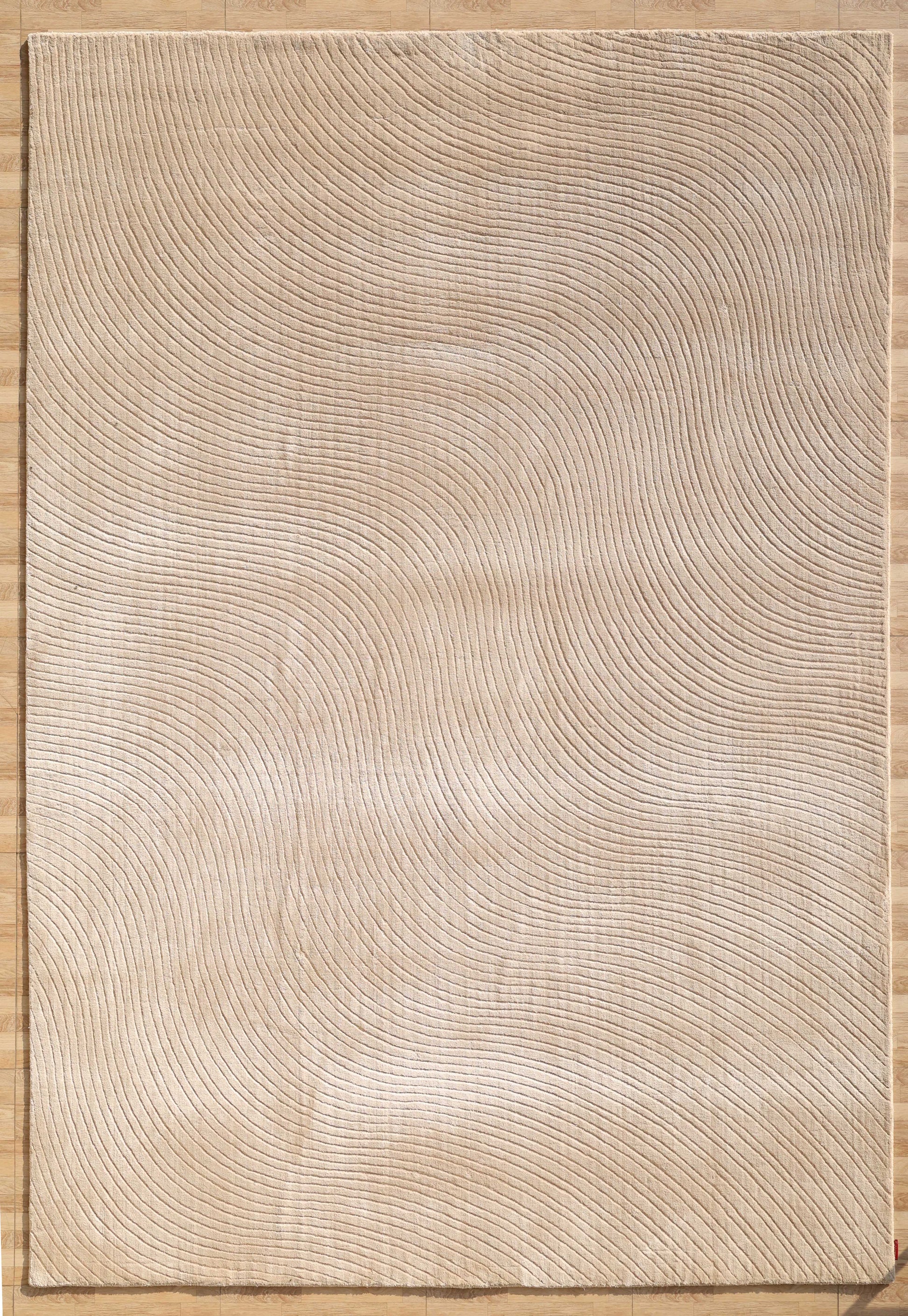 The RAMSHA HOME Handmade beige Wave Modern Abstract High-Low Area Rug (250x350 cm, LKH-049) features thin wavy concentric lines and a subtle embossed texture, creating a ripple effect that complements wooden floors.
