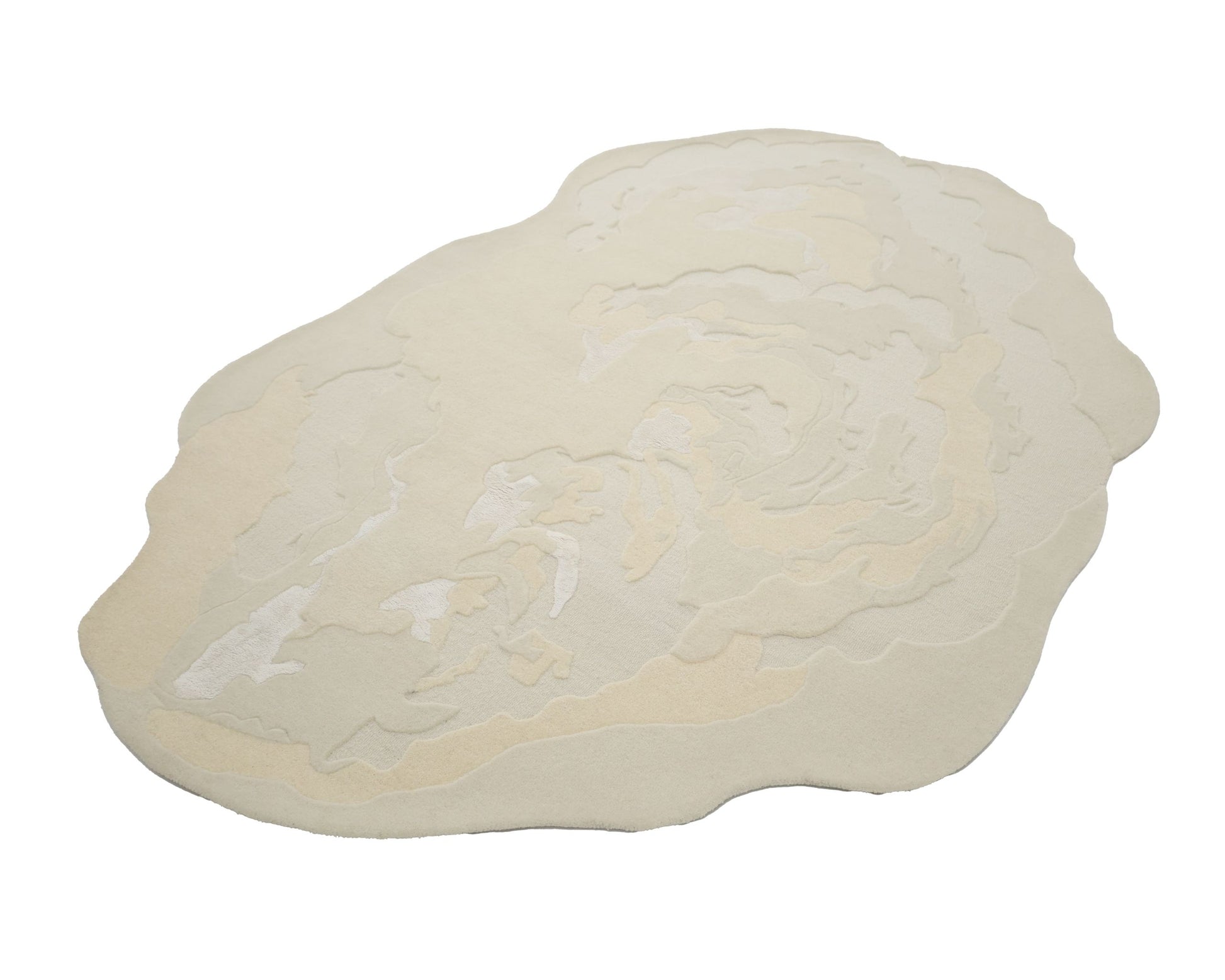 The RAMSHA HOME Stylish Handmade Shape Rug Multi Color HTWV-105 is an irregular, hand-tufted wool rug with abstract, layered patterns in soft beige and cream tones, evoking natural rock or topographical designs.